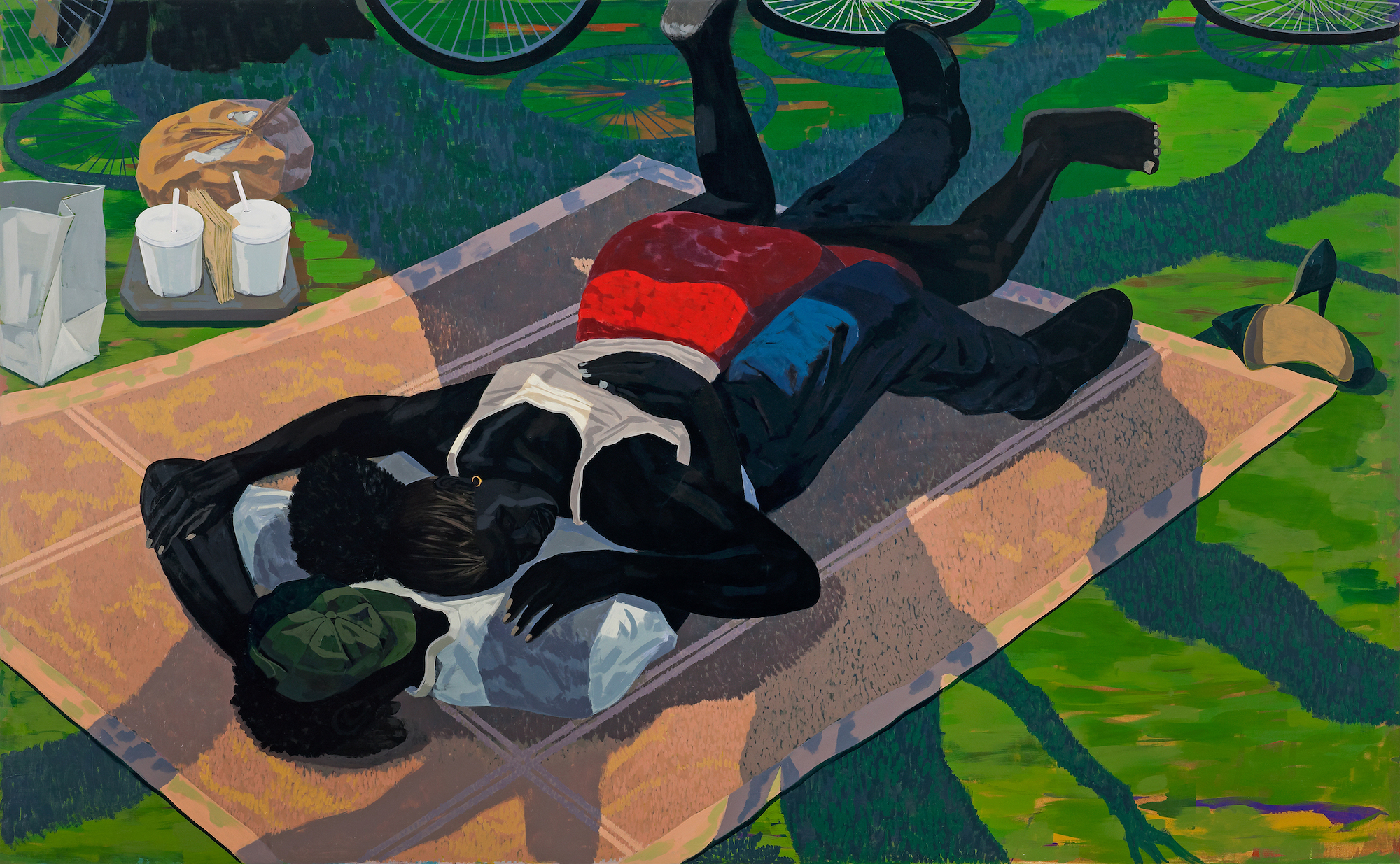 KERRY JAMES MARSHALL, UNTITLED (BLANKET COUPLE) – obraz przedstawiający parę Afroamerykanów leżących na kocu w parku w słoneczny dzień