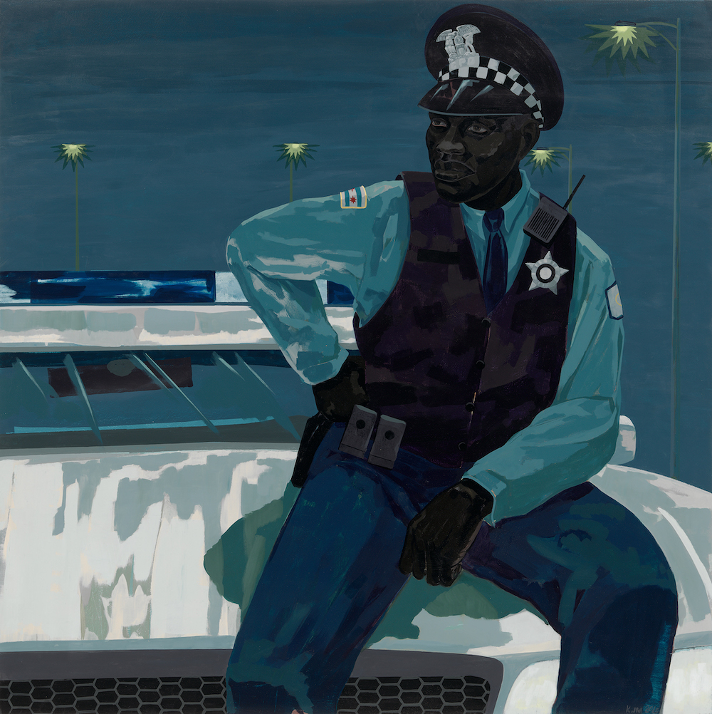 Kerry James Marshall "Untilted, (Policeman)" – obraz przedstawiający afroamerykańskiego policjanta siedzącego na masce radiowozu