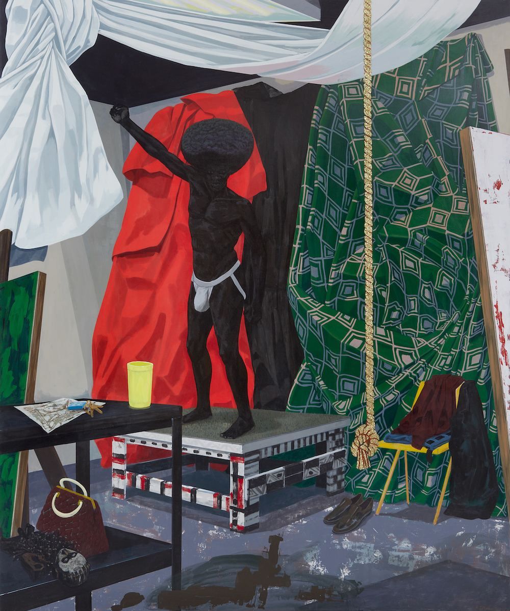 Kerry James Marshall "The Academy" obraz mężczyzny ubranego jedynie w jockstrap, z ręką uniesioną w geście czarnego salutu, nad nim lśniąca lina pokryta brokatem, na stole obok żółte szkło.